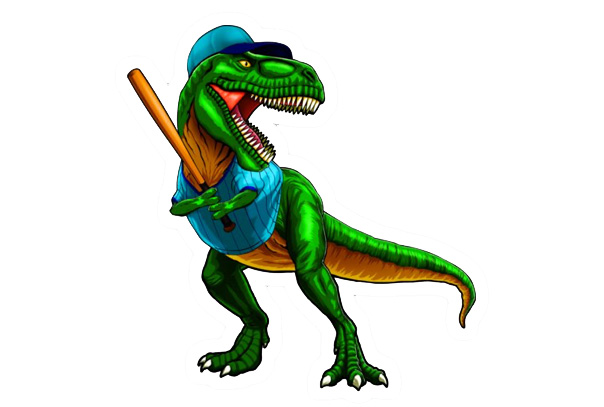 An animation of a dinosaur holding a baseball bat.