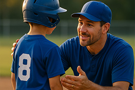 A coach in a plain royal blue hat and tee shirt knelt down talking to a youth aged player with #8 jersey on and smiling.