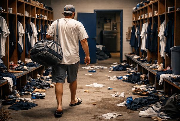 Disheveled player with flip flops and backwards hat walking into messy locker room.