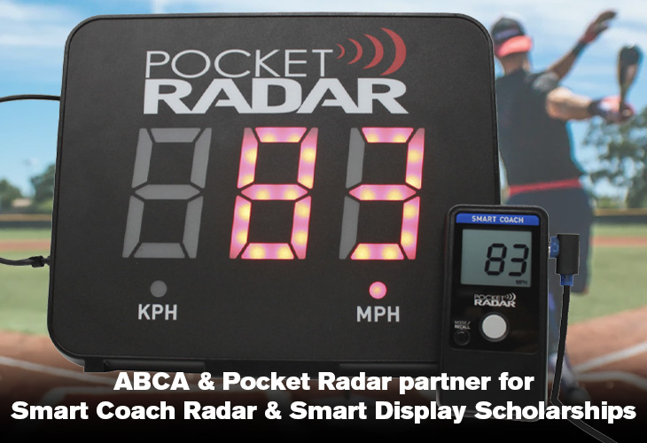 Pocket Radar Smart Coach Radar & Display in front of a player swinging a bat on the field