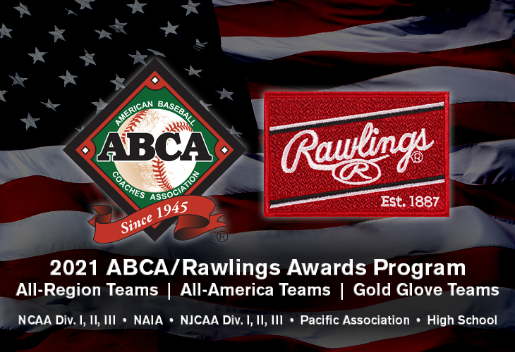Rawlings & ABCA Logos in front of an American Flag with text stating the awards, which are All-Region, All-America & Gold Glove