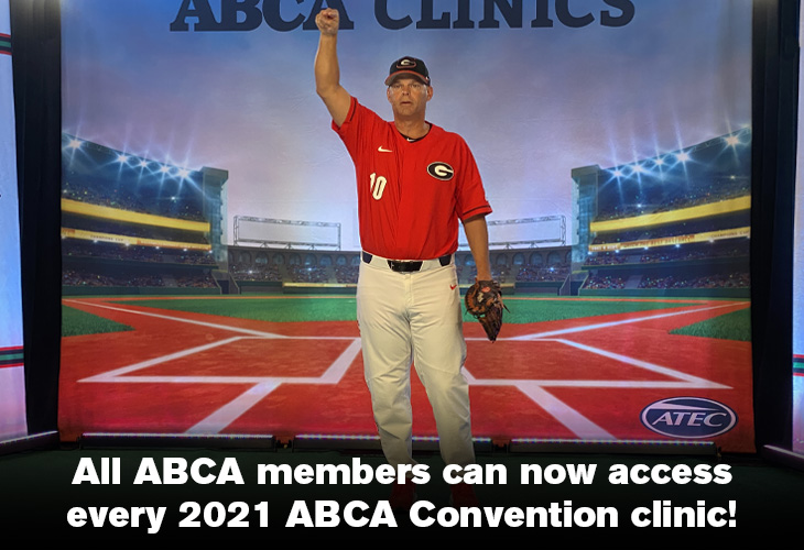 Georgia Head Coach Scott Stricklin giving a catching presentation with text overlay stating all members have video access