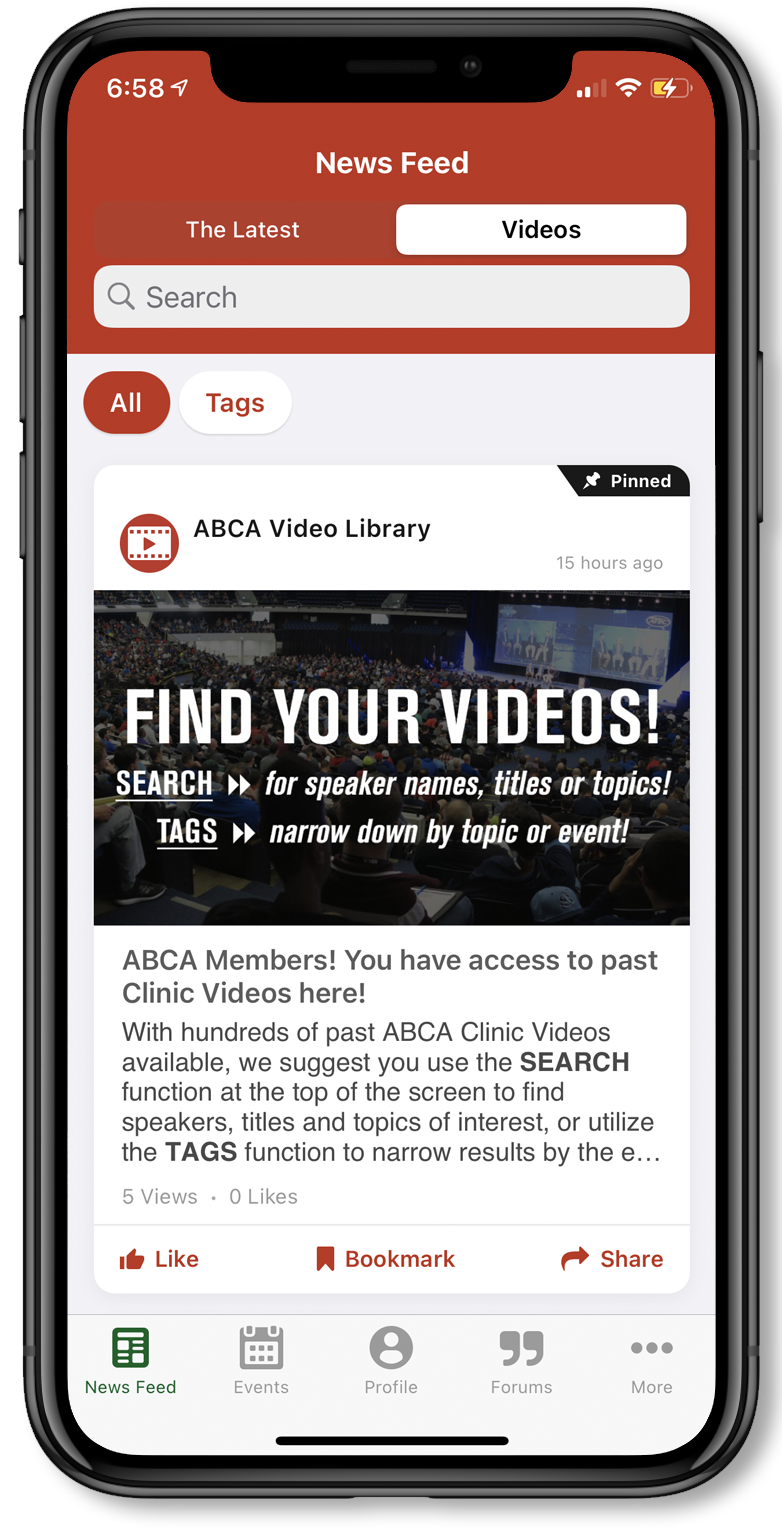 Screenshot of an iPhone with the screen displaying the ABCA Video Library in the My ABCA app