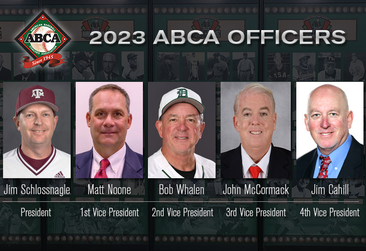 2022 ABCA Officers headshots - Rick Hitt, Jim Schlossnagle, Matt Noone, Bob Whalen, John McCormack