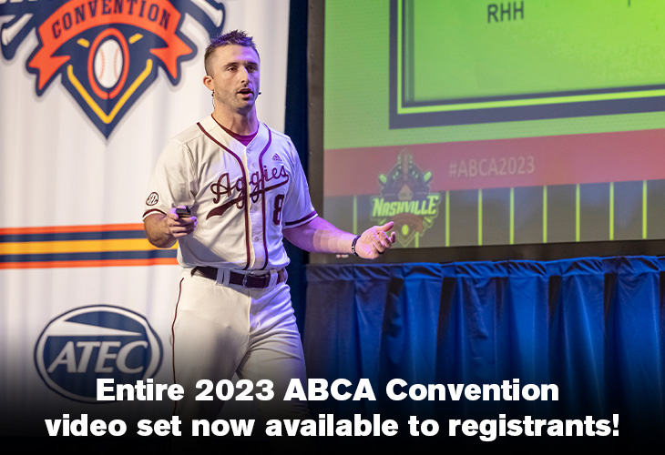 Texas A&M coach Michael Earley in white TAMU jersey with script lettering that reads Aggies while speaking on-stage at 2023 ABCA Convention with text overlay stating all 2023 clinics are now accessible in Video Library