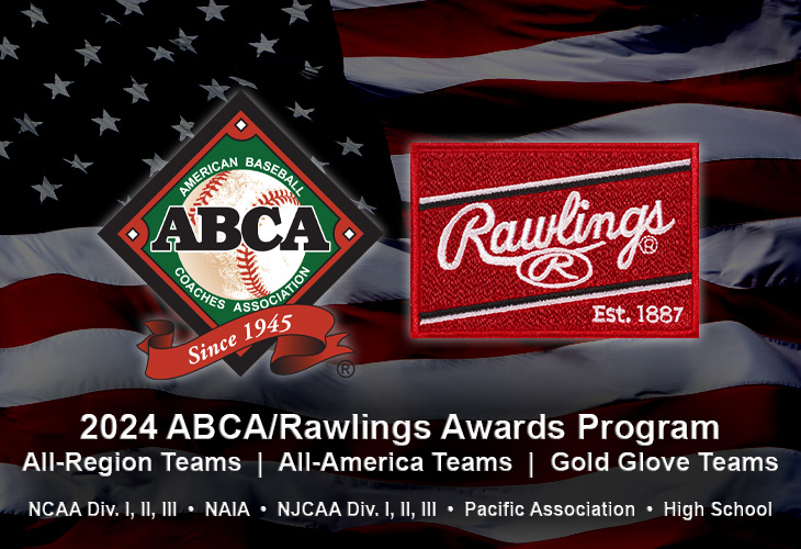 Rawlings & ABCA Logos in front of an American Flag with text stating the awards, which are All-Region, All-America & Gold Glove