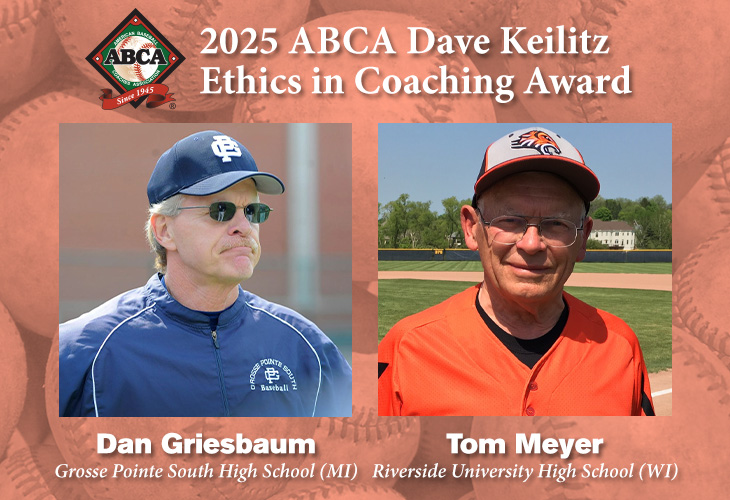 Headshot of Mark Brew in blue jersey and camo baseball hat with text 2024 Ethics in Coaching Award