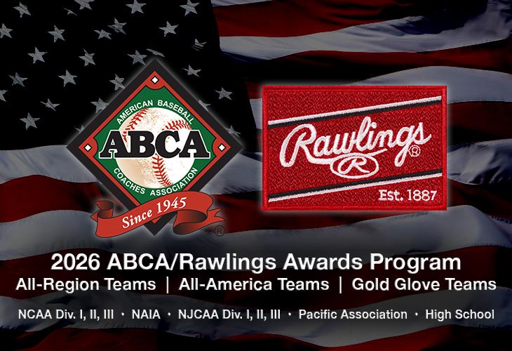 Rawlings & ABCA Logos in front of an American Flag with text stating the awards, which are All-Region, All-America & Gold Glove